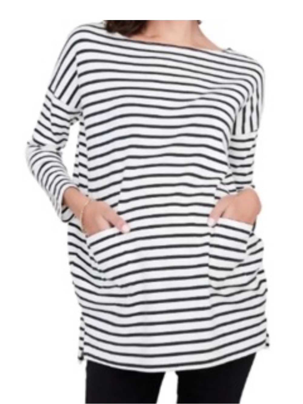 Hatch Maternity Bateau Boat Neck Striped Cotton Top Pockets 1 Small S